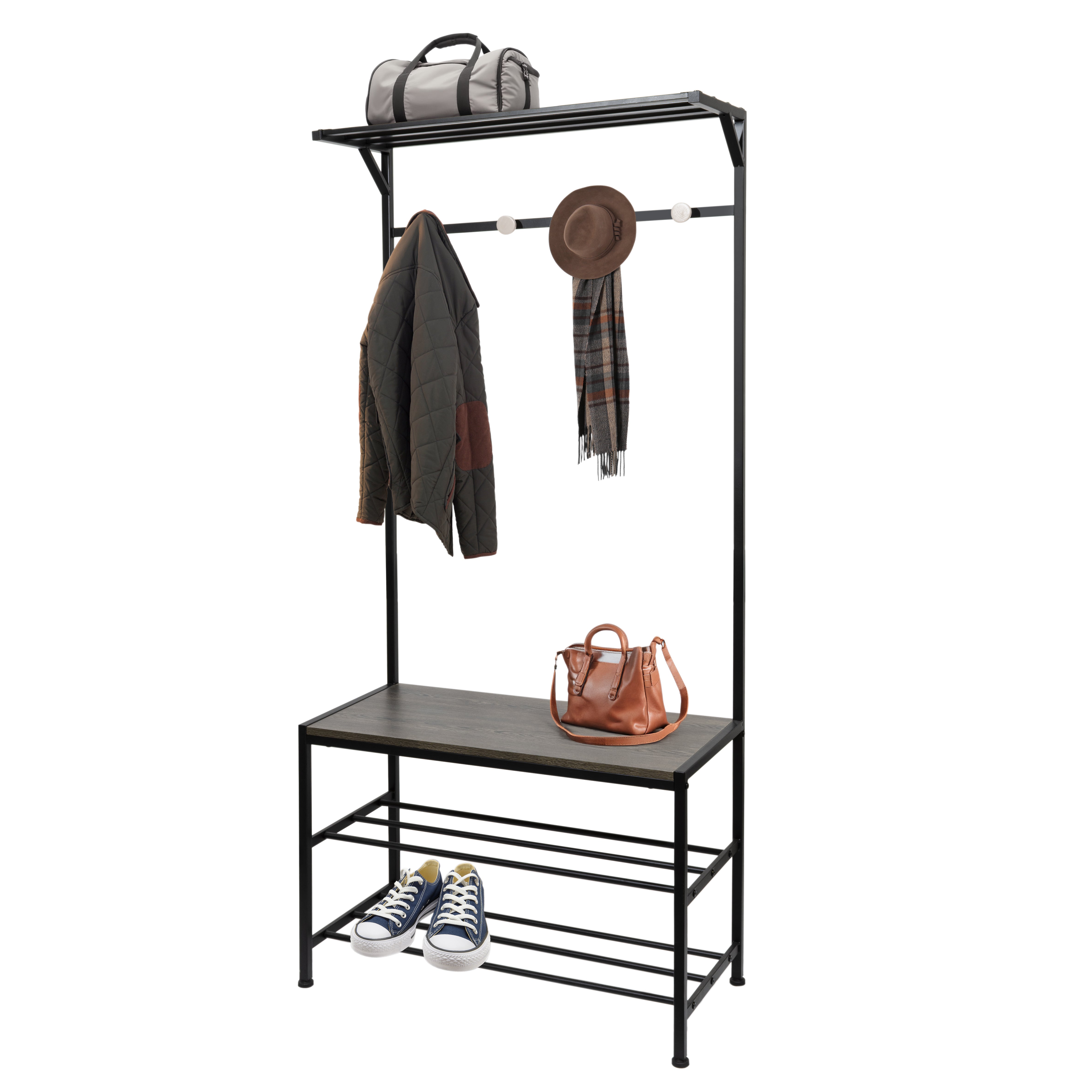 VESTIAMO CASA - Appendiabiti con seduta e scarpiera Nero - h178x76x35 cm